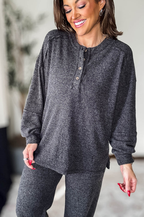 Ribbed Black Brushed Hacci Melange Henley Sweate Top