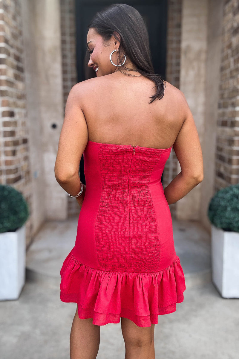Mable Gorgeous Strapless Lace Trim Tube Dress With Ruffle Hem