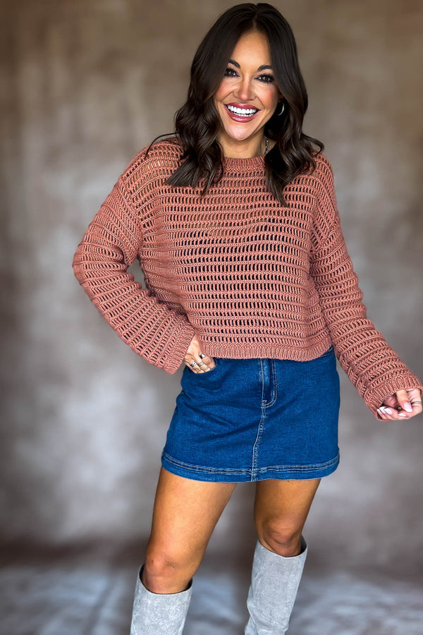 Rust Boat Neck Openwork Sweater Top