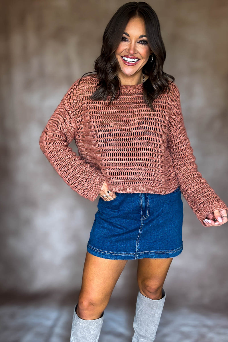 Rust Boat Neck Openwork Sweater Top