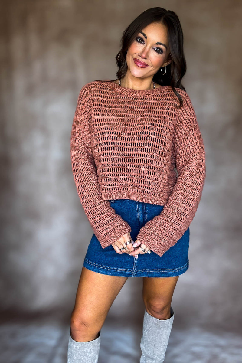 Rust Boat Neck Openwork Sweater Top