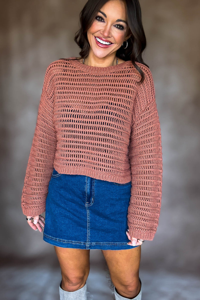 Rust Boat Neck Openwork Sweater Top