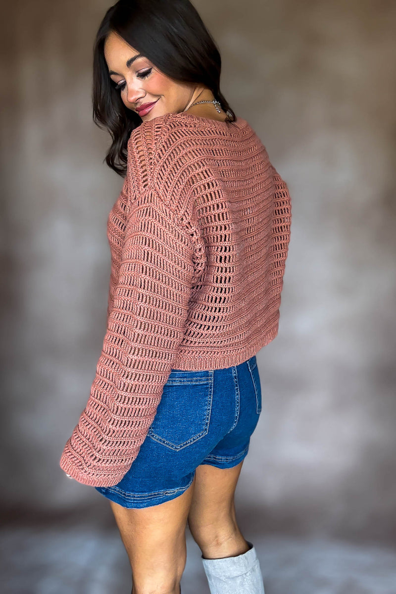 Rust Boat Neck Openwork Sweater Top