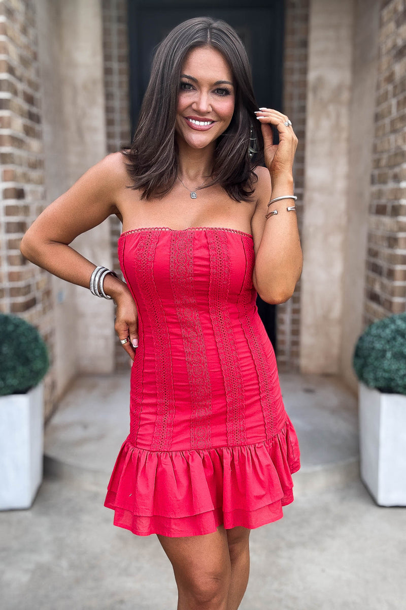 Mable Gorgeous Strapless Lace Trim Tube Dress With Ruffle Hem