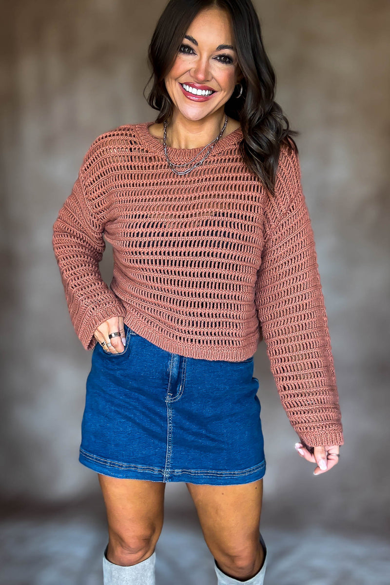 Rust Boat Neck Openwork Sweater Top