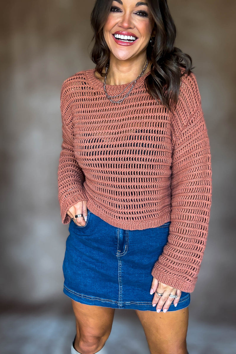 Rust Boat Neck Openwork Sweater Top