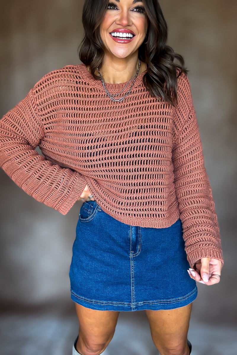Rust Boat Neck Openwork Sweater Top