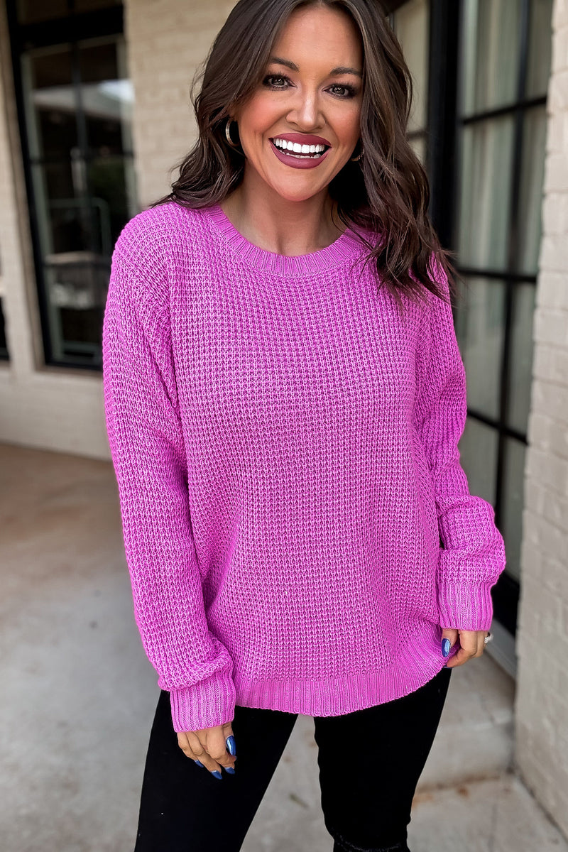 Merry And Bright Hot Pink Hi-Low Long Sleeve Round Neck Waffle Sweater