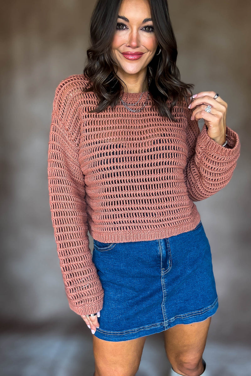 Rust Boat Neck Openwork Sweater Top