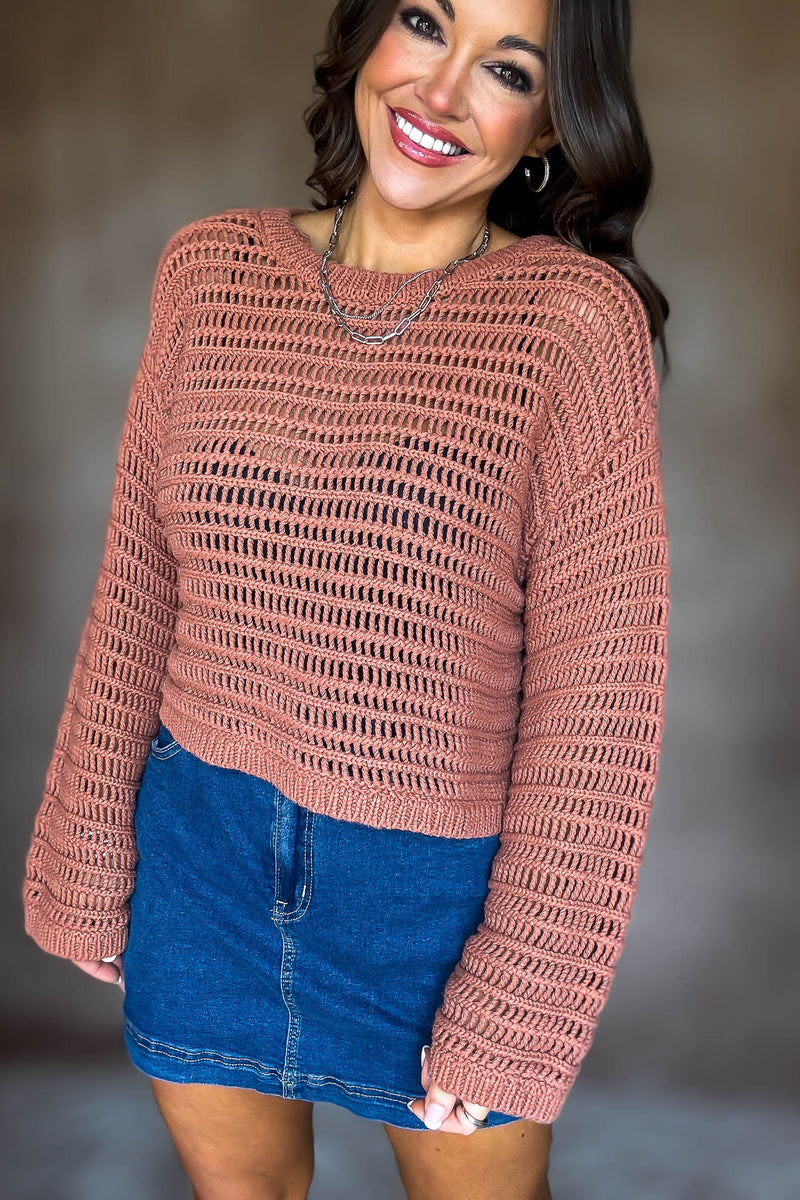Rust Boat Neck Openwork Sweater Top