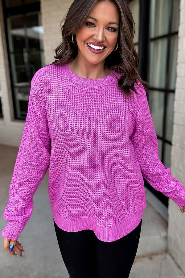 Merry And Bright Hot Pink Hi-Low Long Sleeve Round Neck Waffle Sweater