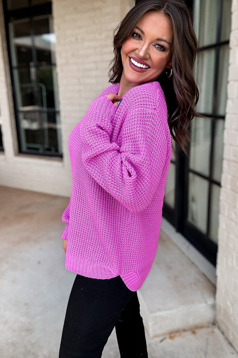 Merry And Bright Hot Pink Hi-Low Long Sleeve Round Neck Waffle Sweater