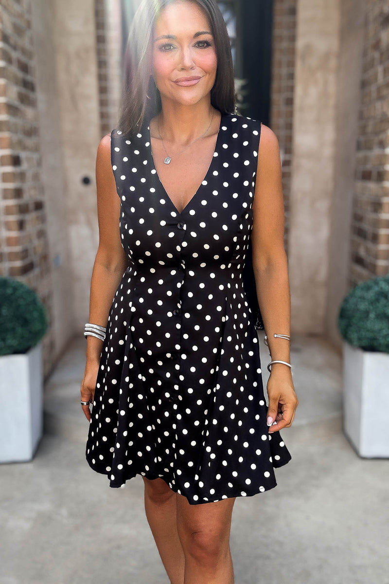 Mable Clever Spot Polka Dot V Neck Flared Sleeveless Mini Dress