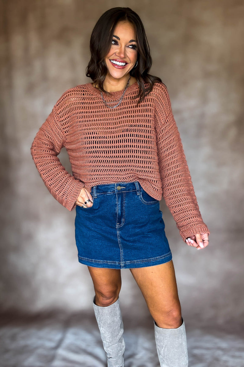 Rust Boat Neck Openwork Sweater Top