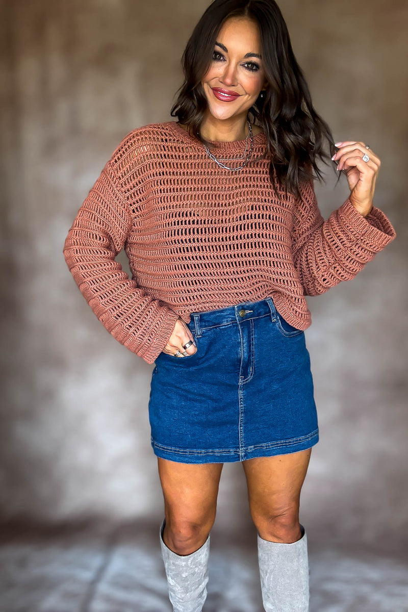 Rust Boat Neck Openwork Sweater Top