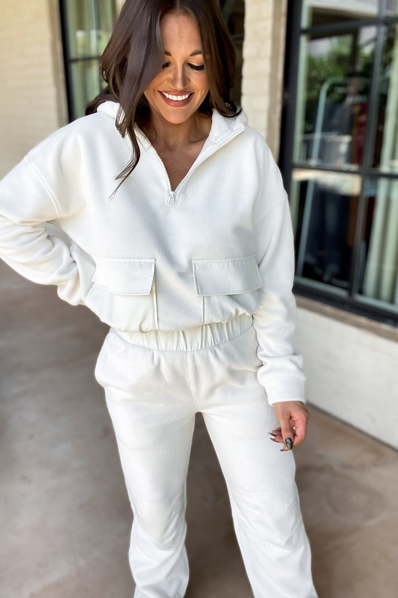 Ivory Fleece Wide Leg Pants with Bungee Hem