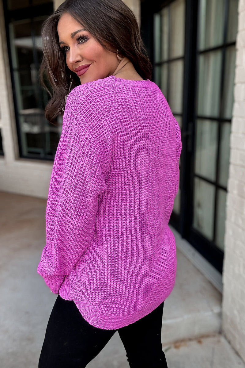 Merry And Bright Hot Pink Hi-Low Long Sleeve Round Neck Waffle Sweater