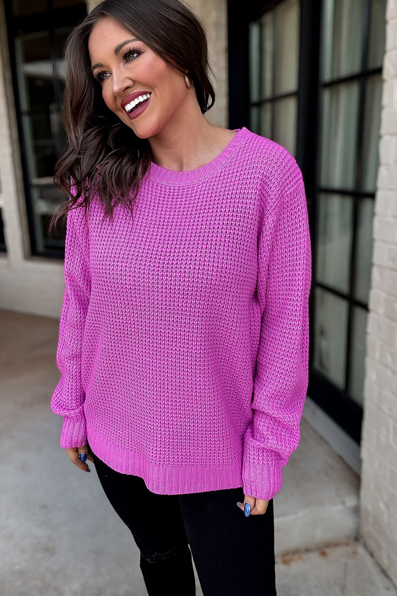 Merry And Bright Hot Pink Hi-Low Long Sleeve Round Neck Waffle Sweater