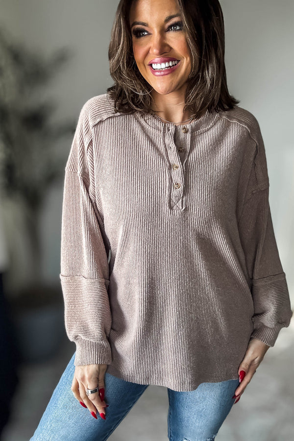 Ribbed Ash Mocha Brushed Hacci Melange Henley Sweater Top