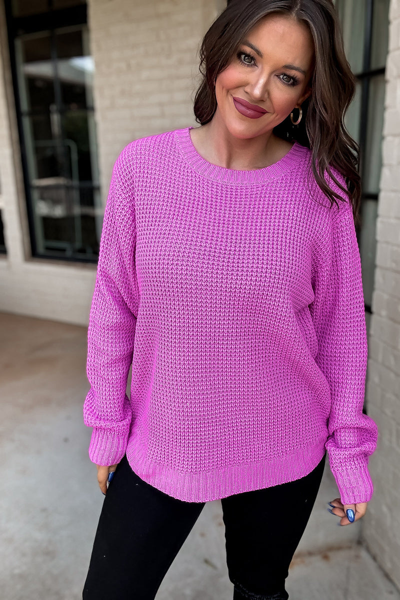 Merry And Bright Hot Pink Hi-Low Long Sleeve Round Neck Waffle Sweater
