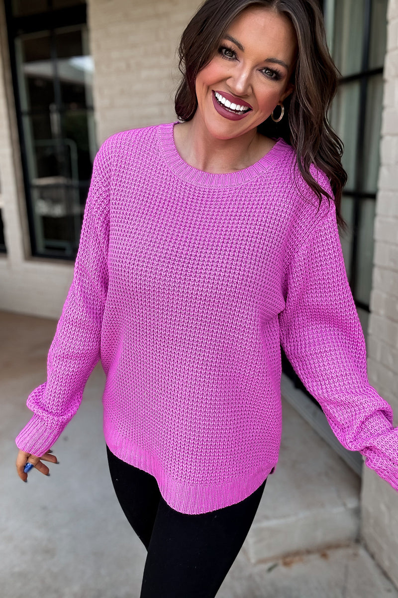 Merry And Bright Hot Pink Hi-Low Long Sleeve Round Neck Waffle Sweater