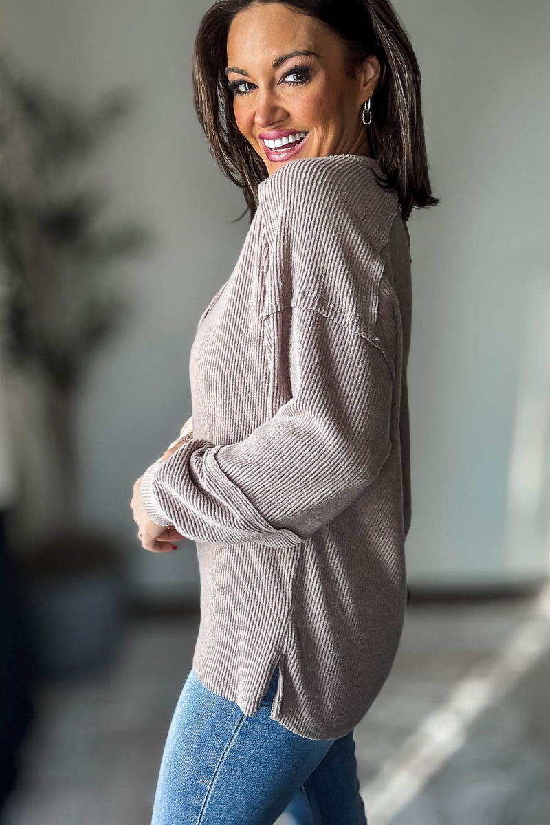 Ribbed Ash Mocha Brushed Hacci Melange Henley Sweater Top
