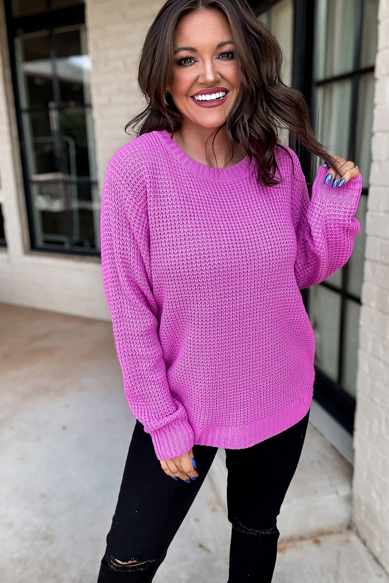 Merry And Bright Hot Pink Hi-Low Long Sleeve Round Neck Waffle Sweater