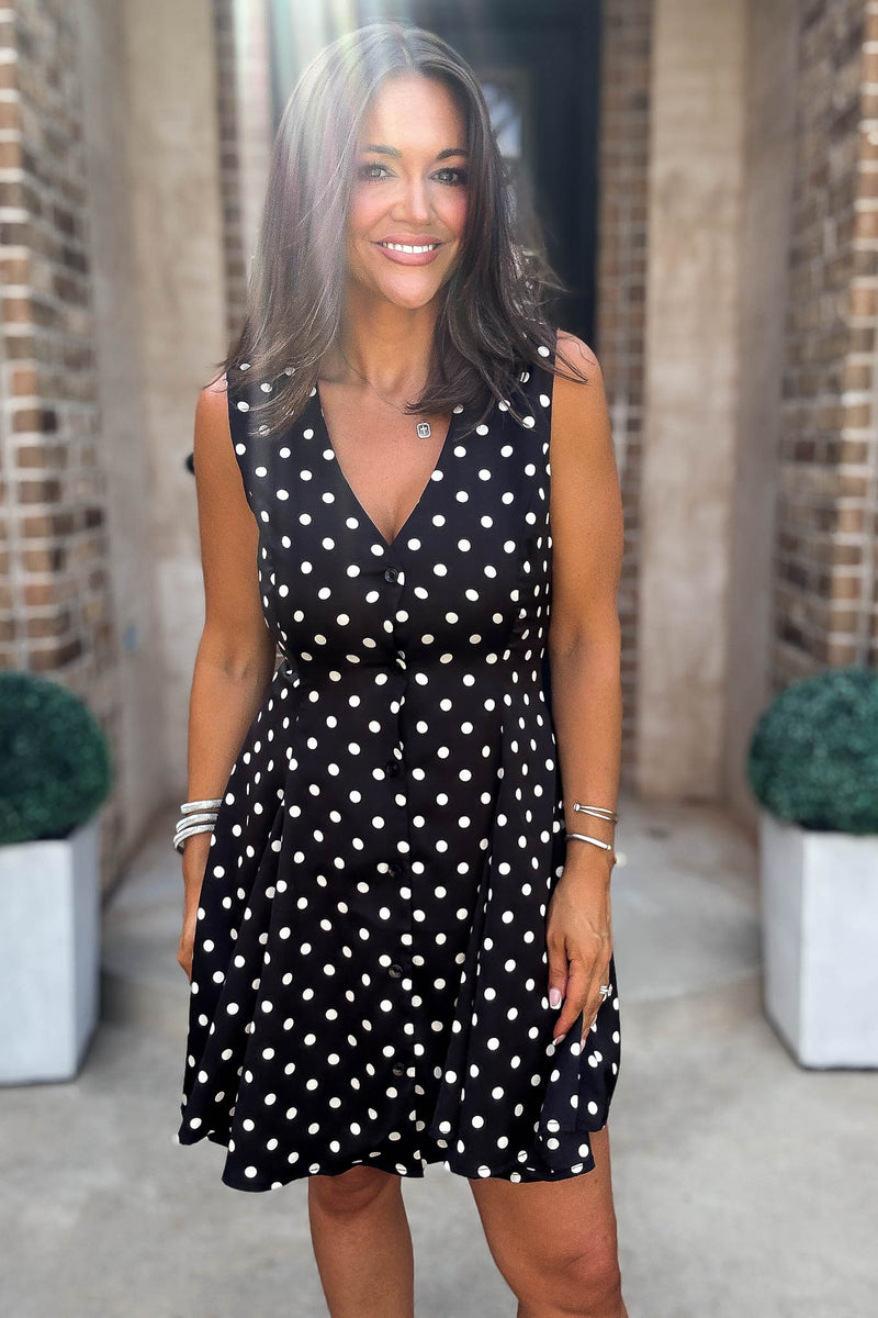 Mable Clever Spot Polka Dot V Neck Flared Sleeveless Mini Dress