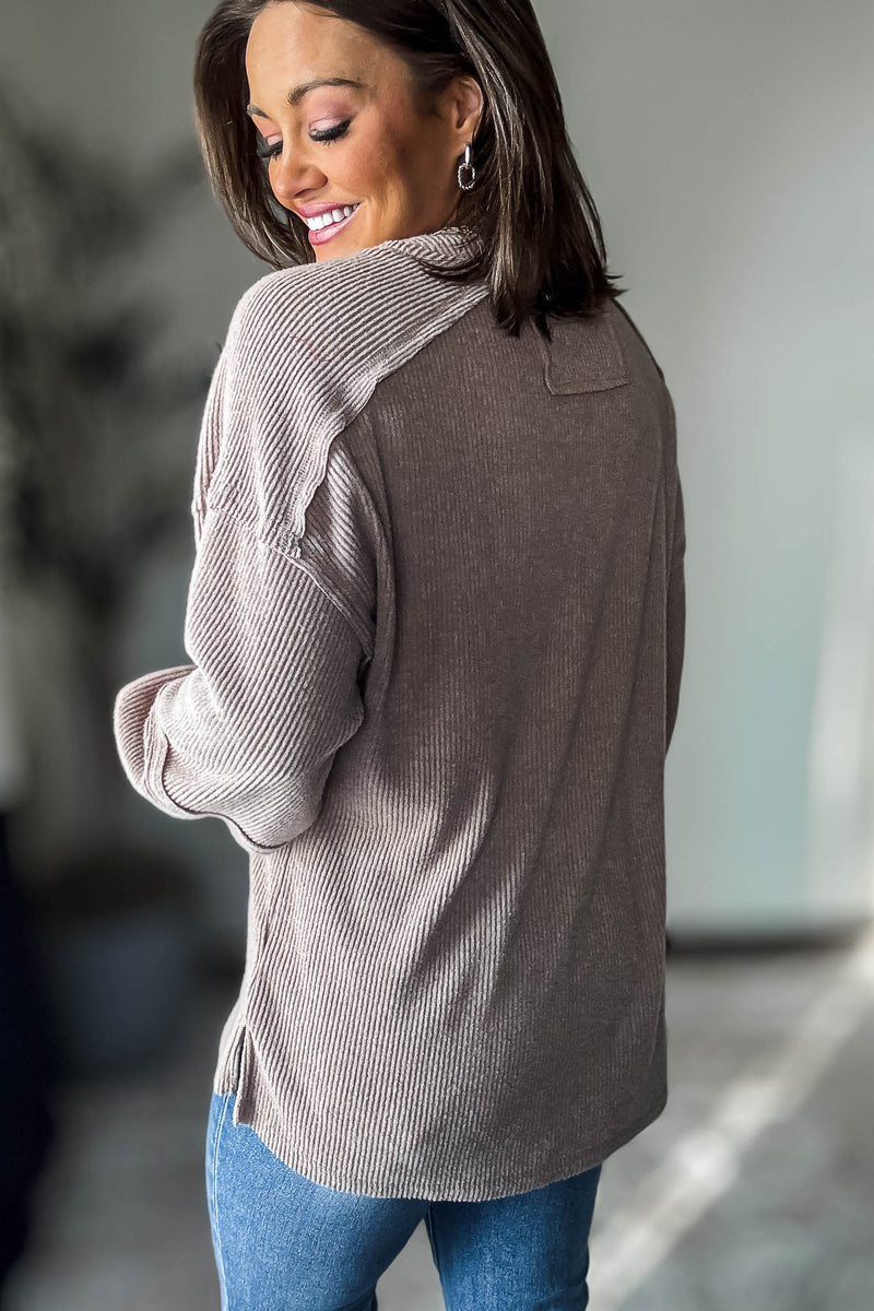 Ribbed Ash Mocha Brushed Hacci Melange Henley Sweater Top