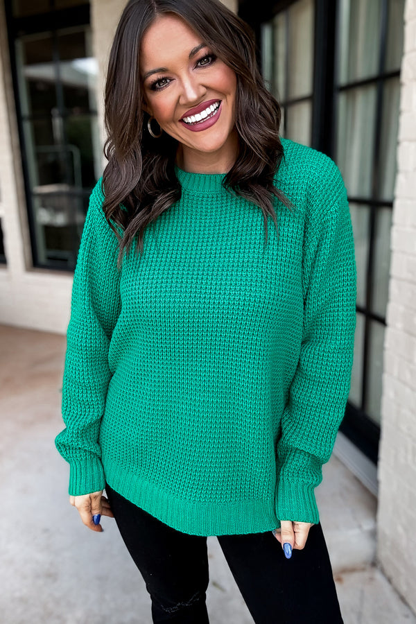 Merry And Bright Kelly Green Hi-Low Long Sleeve Round Neck Waffle Sweater