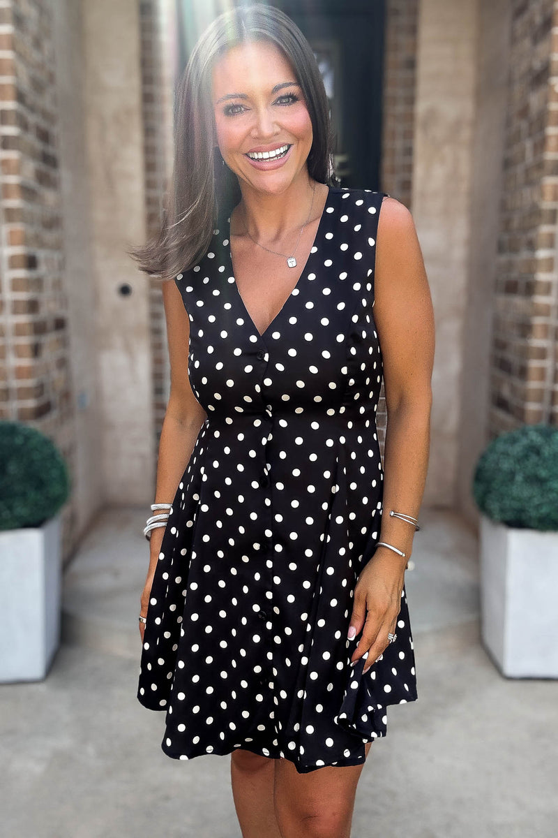Mable Clever Spot Polka Dot V Neck Flared Sleeveless Mini Dress
