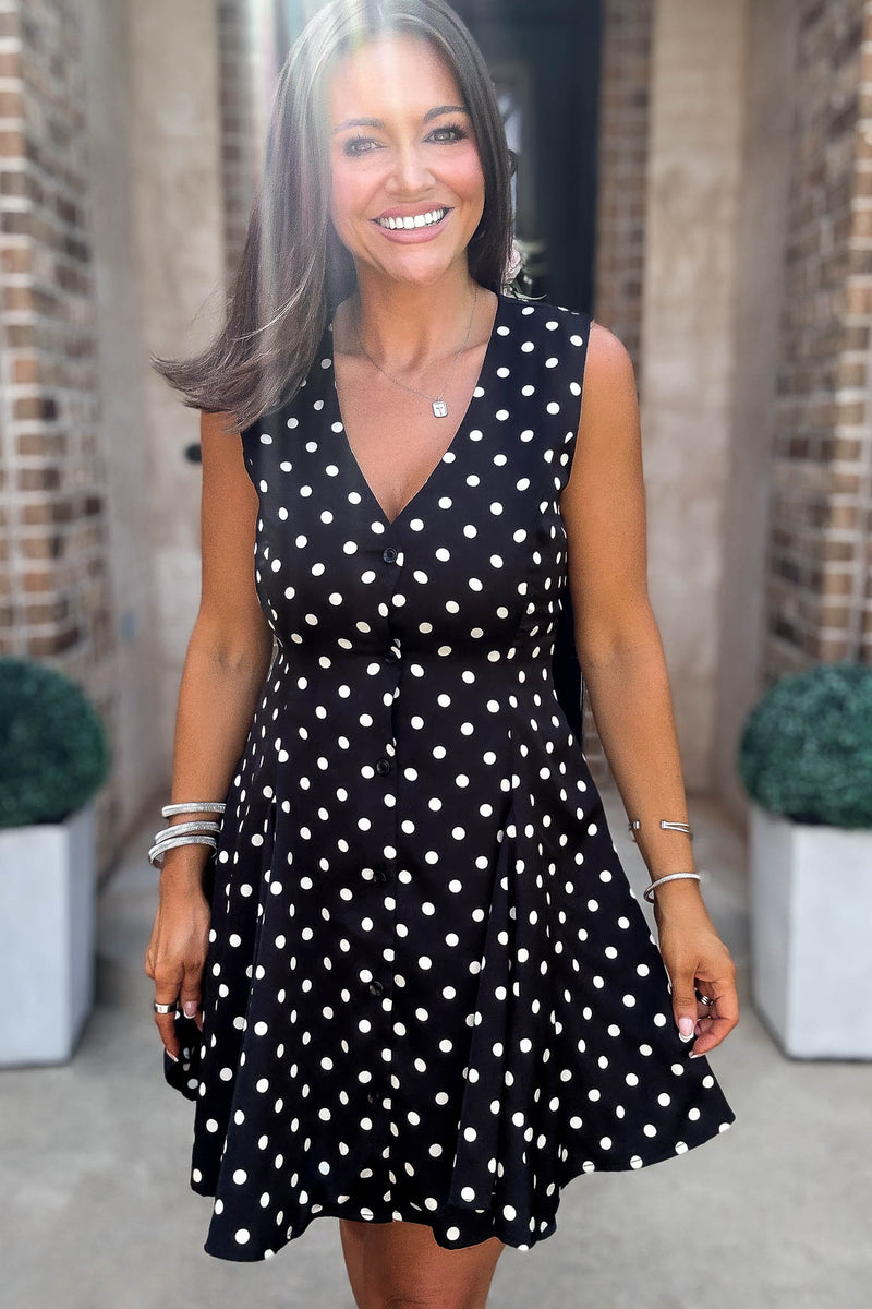 Mable Clever Spot Polka Dot V Neck Flared Sleeveless Mini Dress