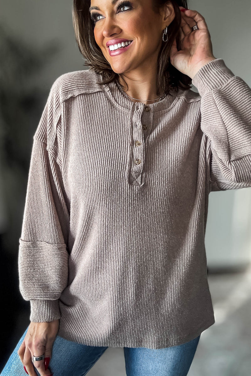 Ribbed Ash Mocha Brushed Hacci Melange Henley Sweater Top