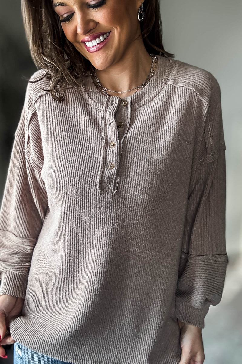 Ribbed Ash Mocha Brushed Hacci Melange Henley Sweater Top