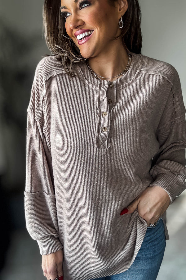 Ribbed Ash Mocha Brushed Hacci Melange Henley Sweater Top