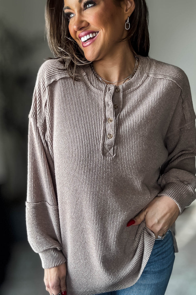 Ribbed Ash Mocha Brushed Hacci Melange Henley Sweater Top