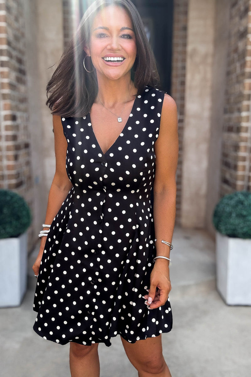 Mable Clever Spot Polka Dot V Neck Flared Sleeveless Mini Dress