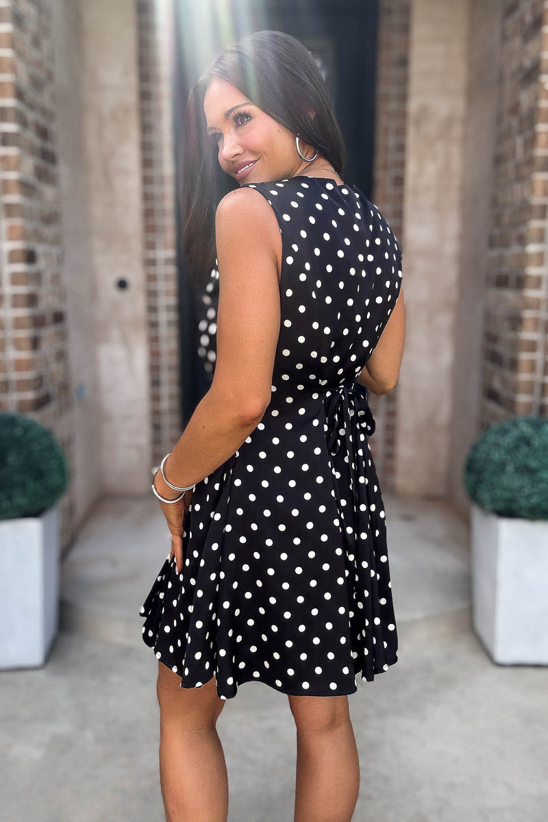 Mable Clever Spot Polka Dot V Neck Flared Sleeveless Mini Dress