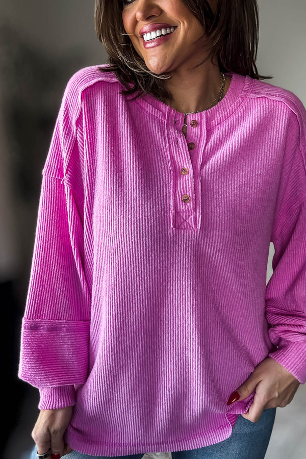 Ribbed Bright Mauve Brushed Hacci Melange Henley Sweater Top