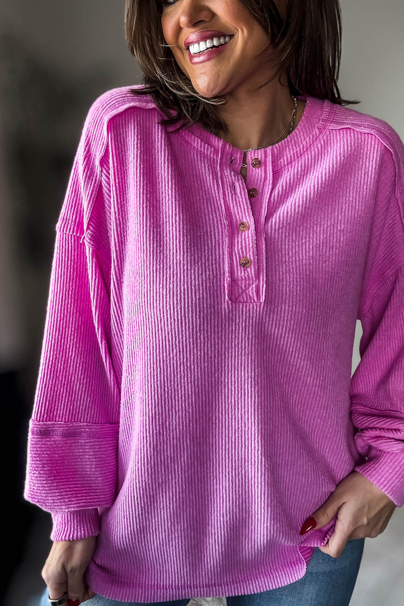 Ribbed Bright Mauve Brushed Hacci Melange Henley Sweater Top