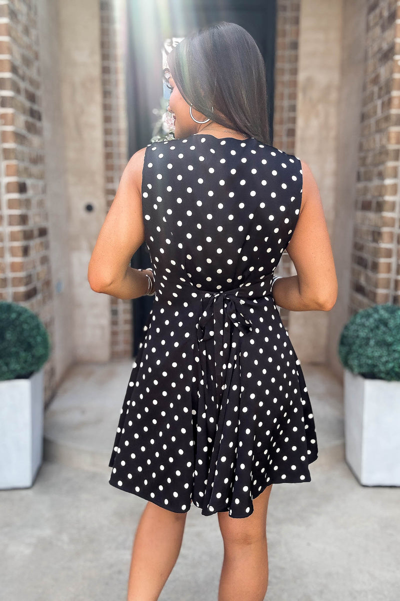Mable Clever Spot Polka Dot V Neck Flared Sleeveless Mini Dress
