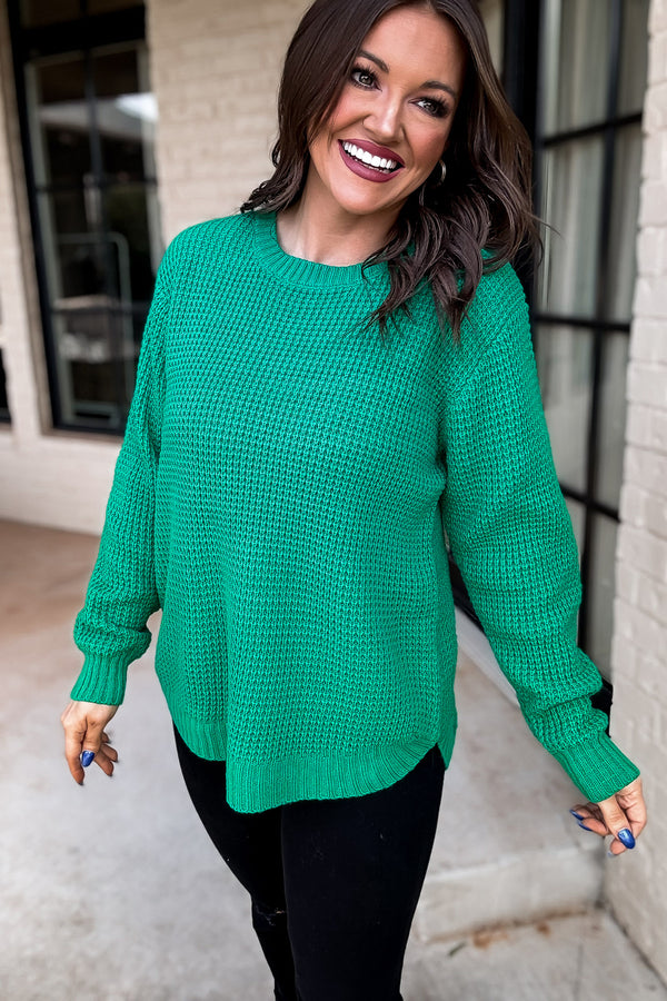 Merry And Bright Kelly Green Hi-Low Long Sleeve Round Neck Waffle Sweater