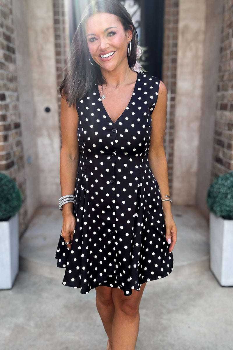 Mable Clever Spot Polka Dot V Neck Flared Sleeveless Mini Dress