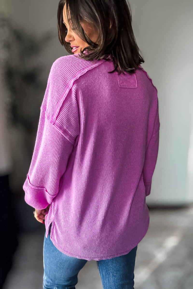 Ribbed Bright Mauve Brushed Hacci Melange Henley Sweater Top