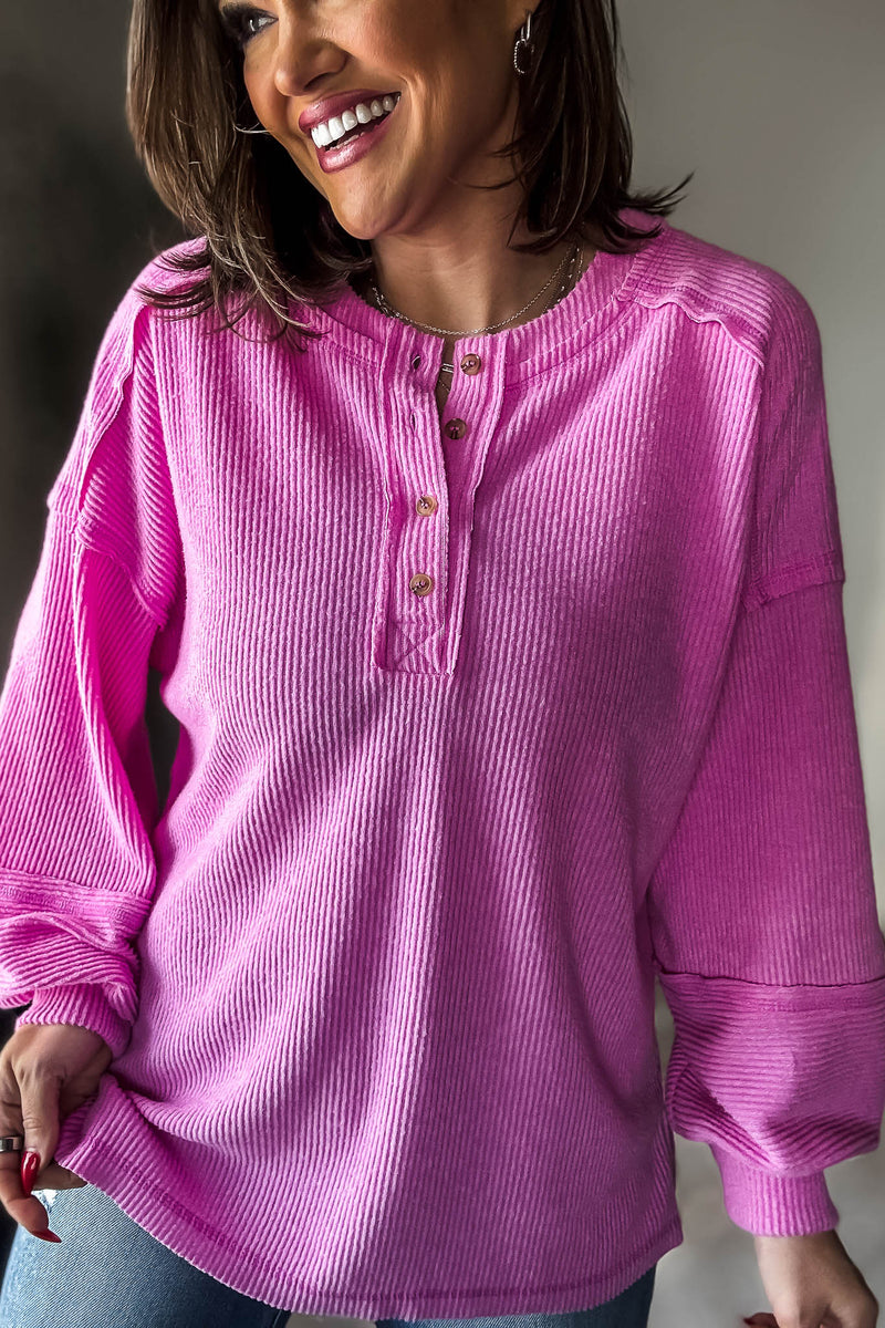 Ribbed Bright Mauve Brushed Hacci Melange Henley Sweater Top