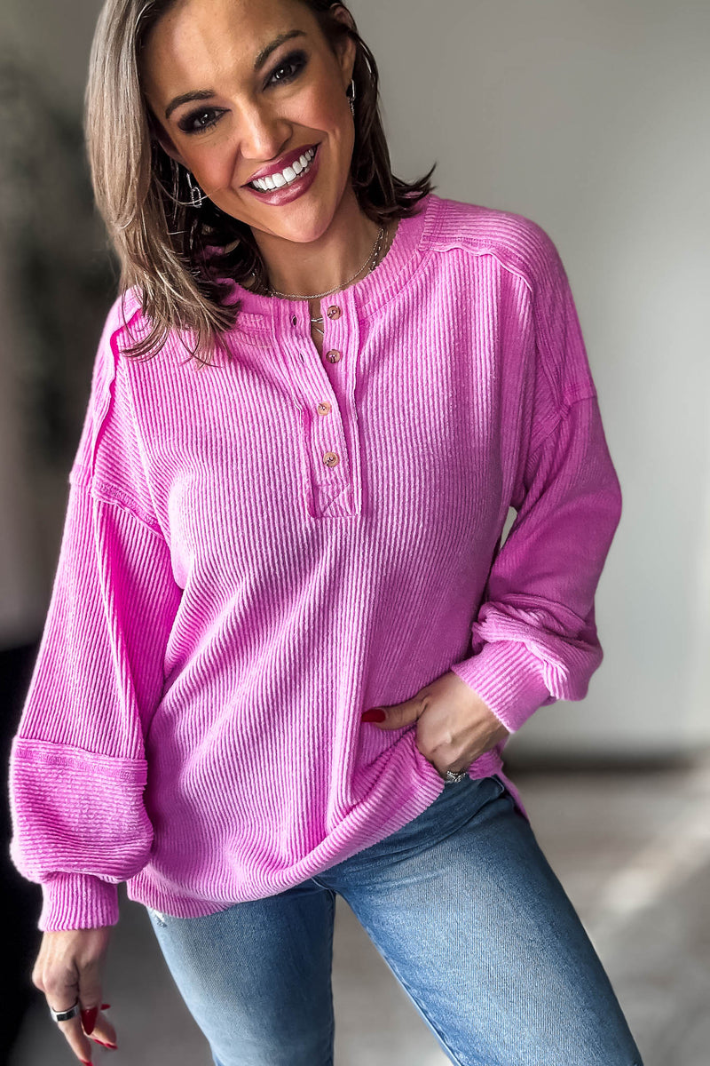 Ribbed Bright Mauve Brushed Hacci Melange Henley Sweater Top