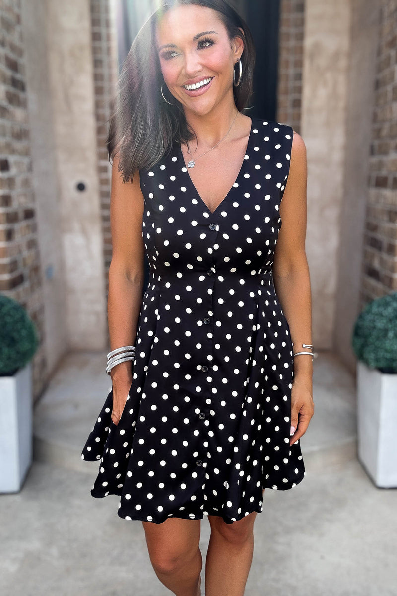 Mable Clever Spot Polka Dot V Neck Flared Sleeveless Mini Dress