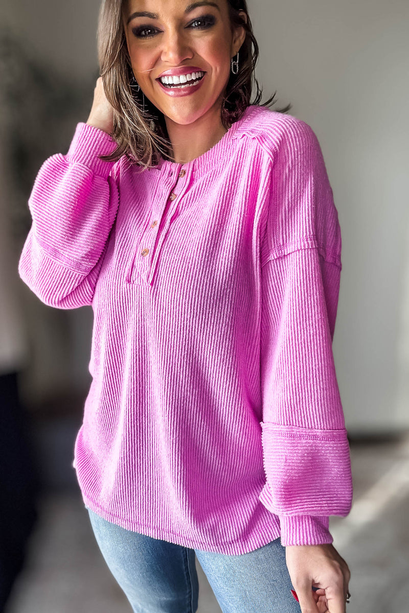 Ribbed Bright Mauve Brushed Hacci Melange Henley Sweater Top