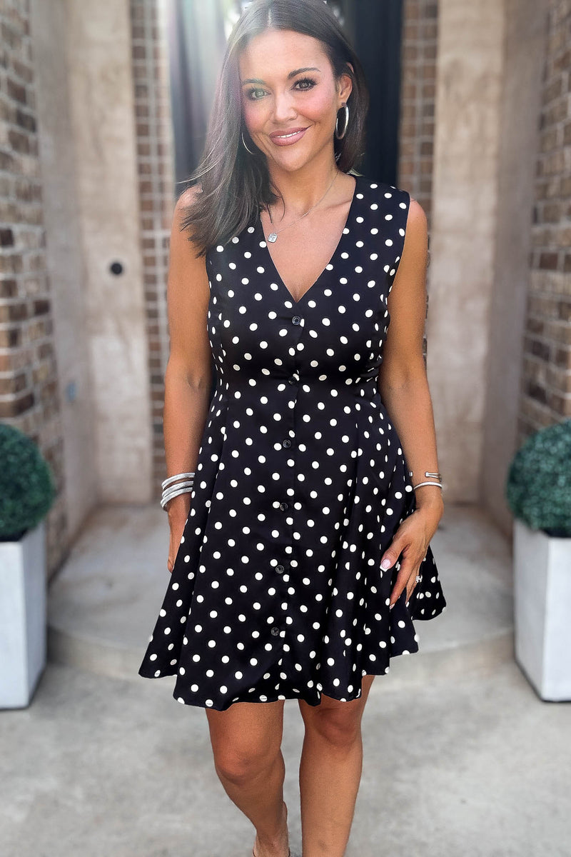 Mable Clever Spot Polka Dot V Neck Flared Sleeveless Mini Dress