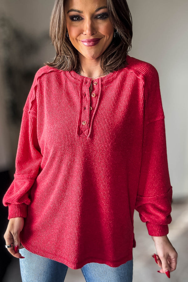 Ribbed Dark Red Brushed Hacci Melange Henley Sweater Top
